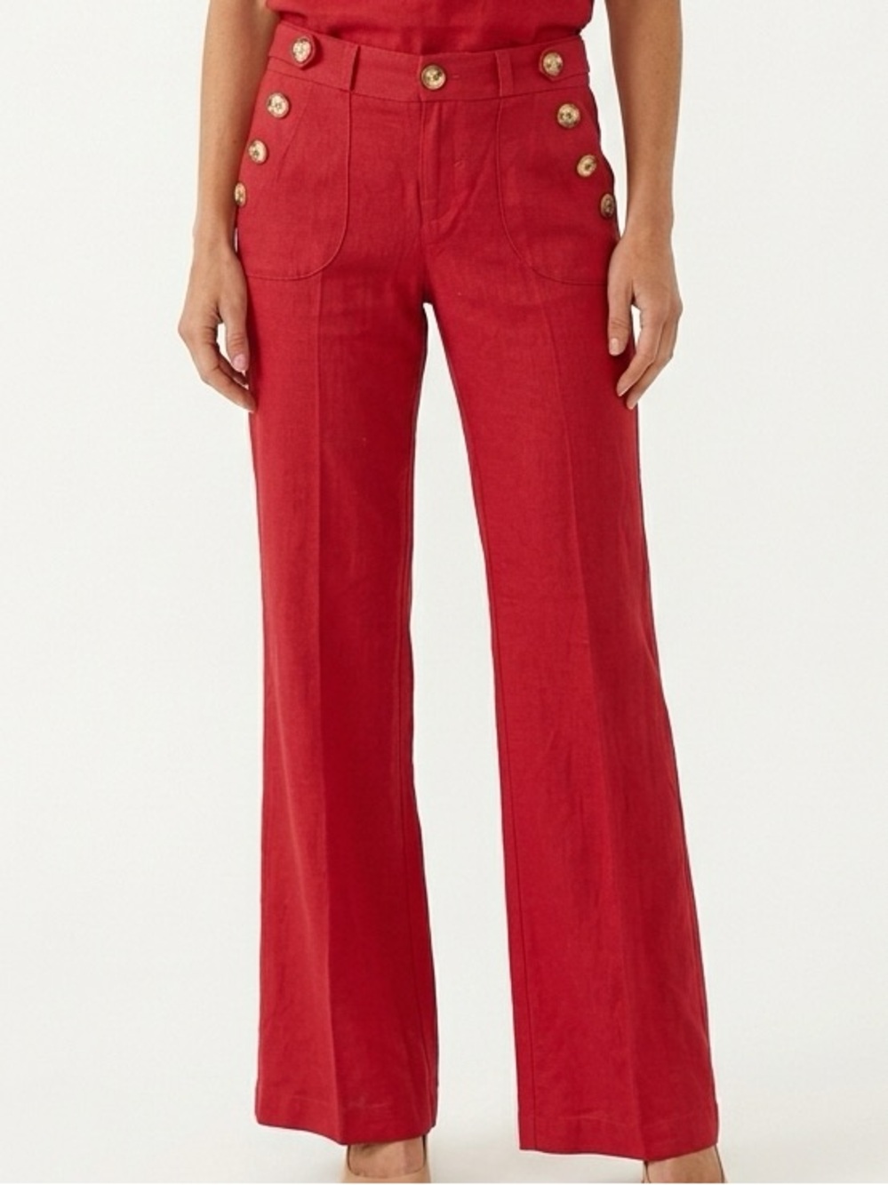 DENIMOCRACY | Linen Blend Red Wide Leg Pants Button Detail Size 28